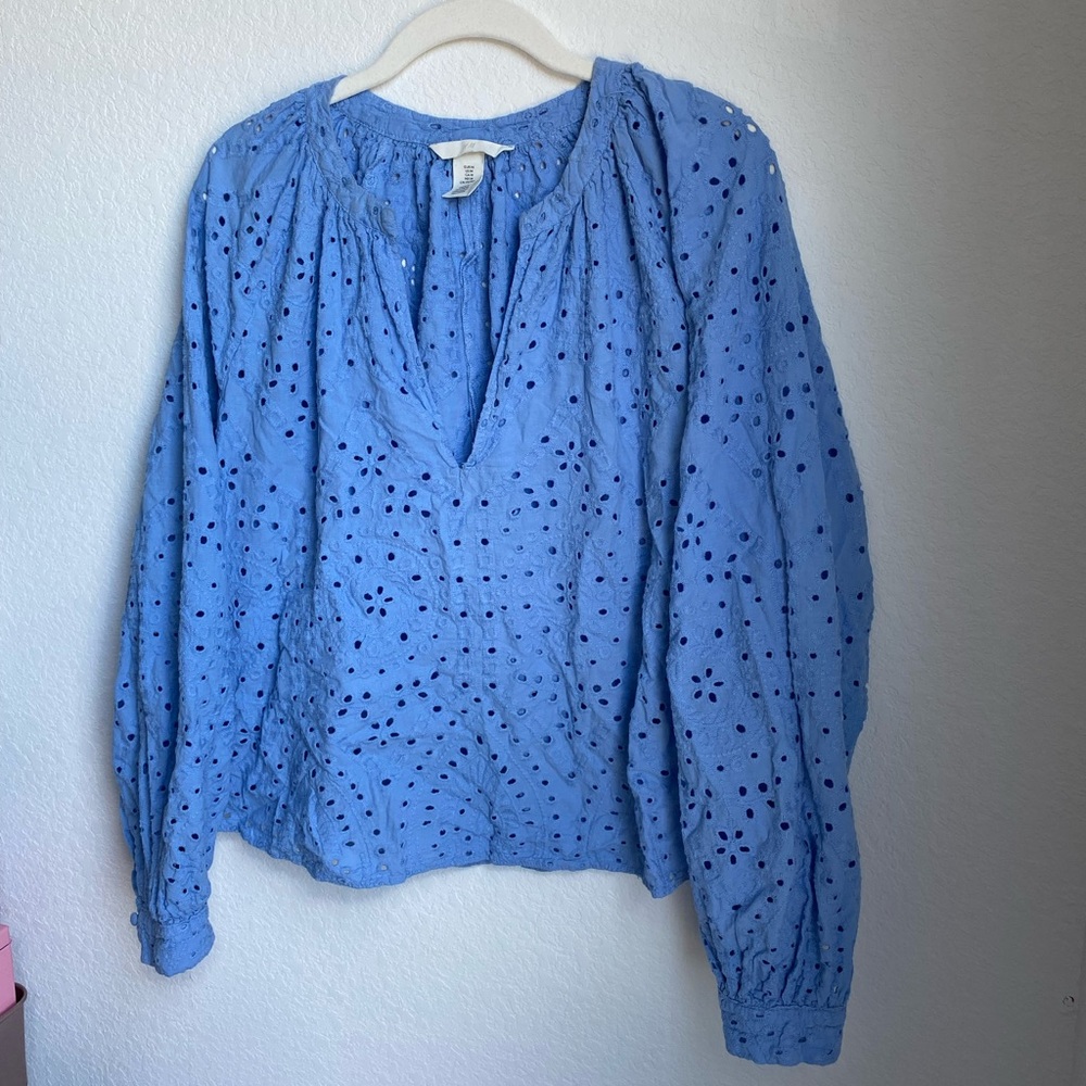 H&M Light Blue Eyelet Peasant Blouse